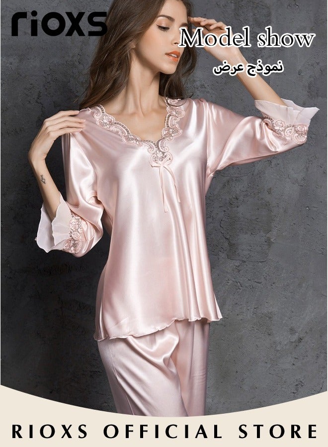RIOXS Women's Silk Pajamas Set 2 Piece Sleepwear Sets Long Sleeve Top And Pants Lingerie Loungewear Sets - Image 4