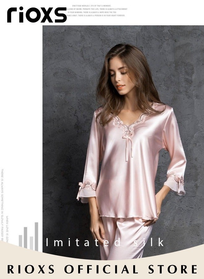 RIOXS Women's Silk Pajamas Set 2 Piece Sleepwear Sets Long Sleeve Top And Pants Lingerie Loungewear Sets - Image 5