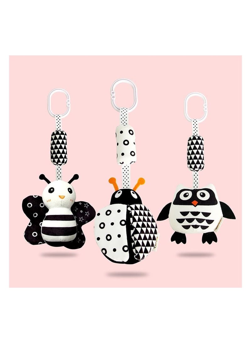 KASTWAVE Hanging Rattle Toys, High Contrast Baby Toys and Plush Stroller Toys, Newborn Car Seat Toys with Black and White Cartoon Shapes Ladybug, Bee & Owl for Babies 0-36 Months (3 Pack)  - Image 2