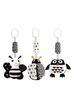 KASTWAVE Hanging Rattle Toys, High Contrast Baby Toys and Plush Stroller Toys, Newborn Car Seat Toys with Black and White Cartoon Shapes Ladybug, Bee & Owl for Babies 0-36 Months (3 Pack)  - Image 1