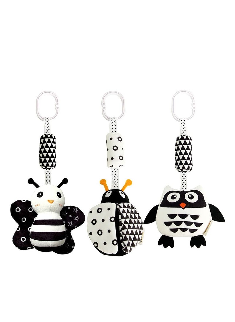 KASTWAVE Hanging Rattle Toys, High Contrast Baby Toys and Plush Stroller Toys, Newborn Car Seat Toys with Black and White Cartoon Shapes Ladybug, Bee & Owl for Babies 0-36 Months (3 Pack)  - Image 1