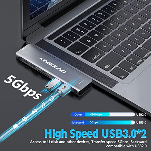 Kinsound 7-in-2 USB C Hub Adapter | 4K HDMI Thunderbolt 3 PD 3.0 SD/TF Card Reader 2 USB 3.0 Ports | Type C Multiport Hub Compatible with MacBook Pro 2016 2017 2018 MacBook Air & More | Space Grey - Image 5