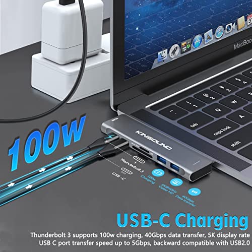 Kinsound 7-in-2 USB C Hub Adapter | 4K HDMI Thunderbolt 3 PD 3.0 SD/TF Card Reader 2 USB 3.0 Ports | Type C Multiport Hub Compatible with MacBook Pro 2016 2017 2018 MacBook Air & More | Space Grey - Image 3