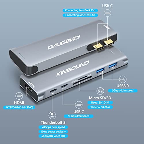 Kinsound 7-in-2 USB C Hub Adapter | 4K HDMI Thunderbolt 3 PD 3.0 SD/TF Card Reader 2 USB 3.0 Ports | Type C Multiport Hub Compatible with MacBook Pro 2016 2017 2018 MacBook Air & More | Space Grey - Image 2