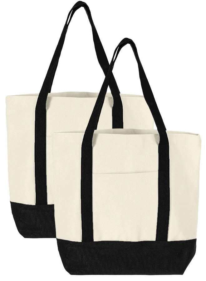 2-Pack Canvas Tote Bags with Zipper, Reusable Shopping Bag with External Pocket - Image 1