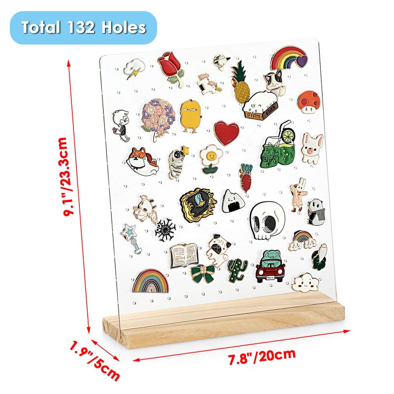 JUXYES Pack of 2 Clear Acrylic Enamel Pin Display Stand with Wooden Base. Tabletop Pin Organizer Display Storage Stand. Hold Up To 132 Pins - Image 2