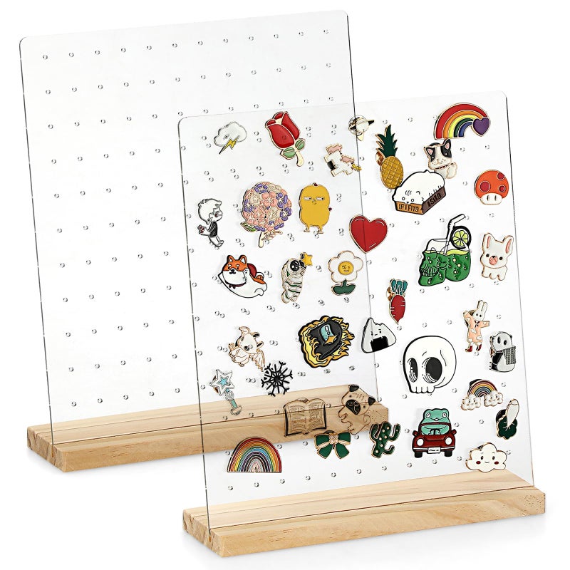 JUXYES Pack of 2 Clear Acrylic Enamel Pin Display Stand with Wooden Base. Tabletop Pin Organizer Display Storage Stand. Hold Up To 132 Pins - Image 1