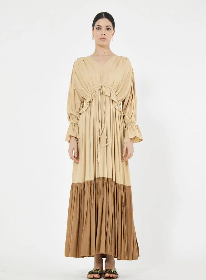 هاوس اوف مودا Color Block Empire Waist Ruffle Trim Maxi Dress by Styli