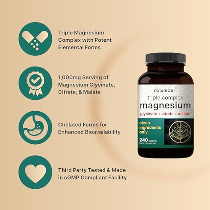 NatureBell Magnesium Complex for Women & Men 1,000mg Per Serving – 240 Capsules – Triple Magnesium Complex with Glycinate, Citrate & Malate – Chelated & Purified – Non‑GMO, Filler Free - Image 4