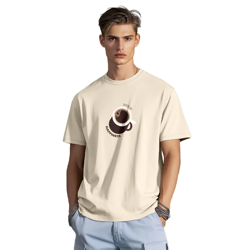 نوبيرو Men's Cream Cotton Graphic T-Shirt