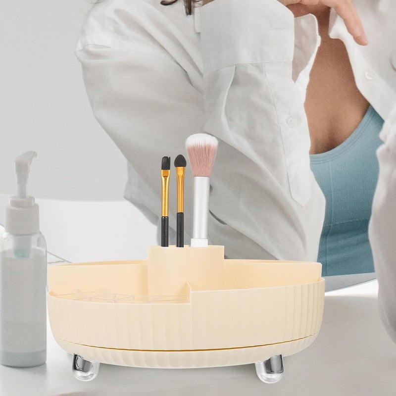 IMIKEYA Rotating Makeup Brush Organizer Pen Holder 360° Cosmetic Storage Tray Beige Vanity Holder for Perfume Lipstick and Brushes - Image 4