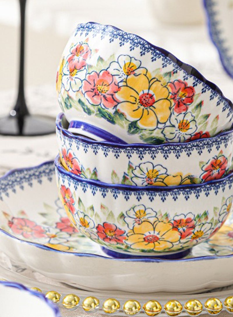 طقم عشاء من ١٤ قطعة، طقم هدايا، أدوات مائدة سيراميك كلاسيكية أنيقة، آمنة للاستخدام في غسالة الصحون والميكروويف، زهرة صفراء حمراء - Image 5