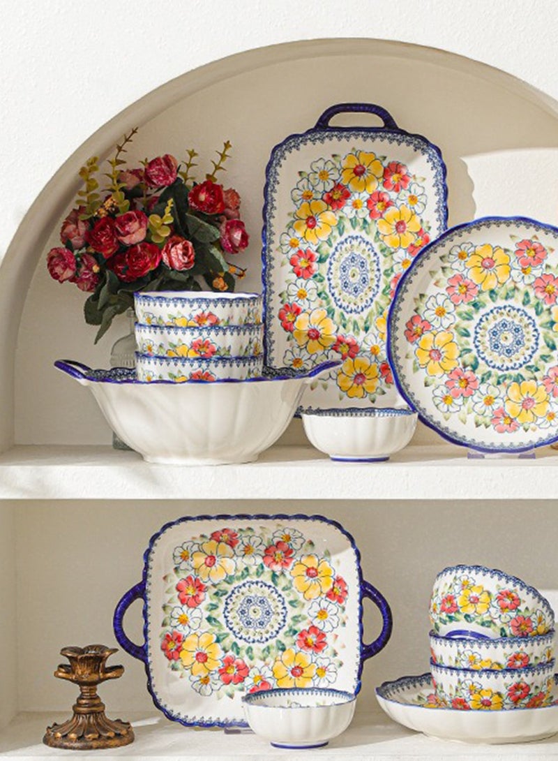 طقم عشاء من ١٤ قطعة، طقم هدايا، أدوات مائدة سيراميك كلاسيكية أنيقة، آمنة للاستخدام في غسالة الصحون والميكروويف، زهرة صفراء حمراء - Image 4
