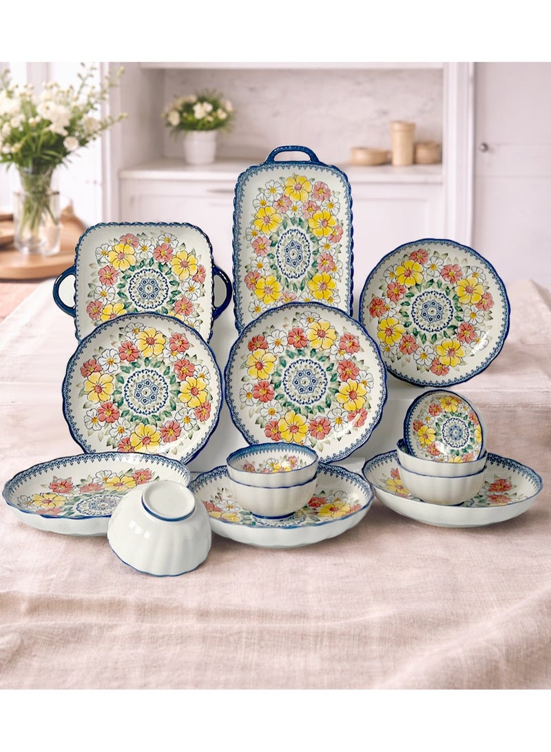 طقم عشاء من ١٤ قطعة، طقم هدايا، أدوات مائدة سيراميك كلاسيكية أنيقة، آمنة للاستخدام في غسالة الصحون والميكروويف، زهرة صفراء حمراء - Image 1
