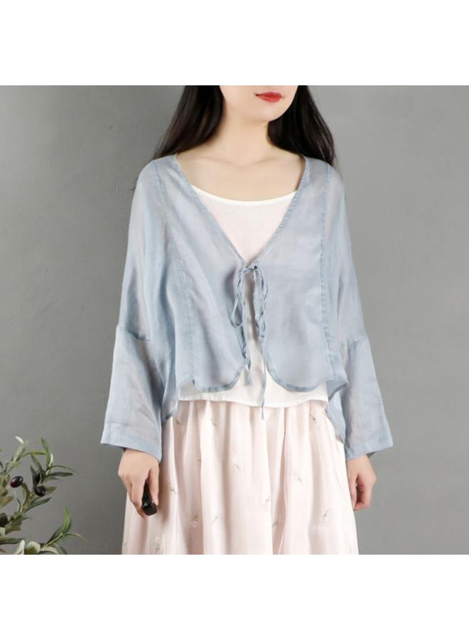 رحلة جوية سترة صيفية نسائية بأكمام طويلة من القطن والكتان، بتصميم عرقي وأسلوب موراي وأدبي، مع تفاصيل ربطات واقية من الشمس، وجاكيت خفيف صغير - Image 3