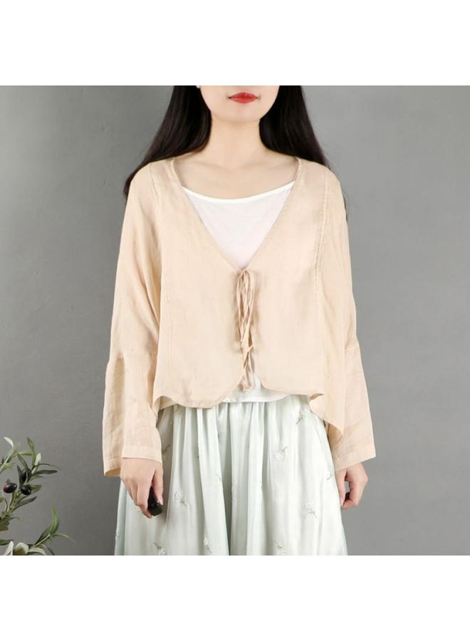 رحلة جوية سترة صيفية نسائية بأكمام طويلة من القطن والكتان، بتصميم عرقي وأسلوب موراي وأدبي، مع تفاصيل ربطات واقية من الشمس، وجاكيت خفيف صغير - Image 4