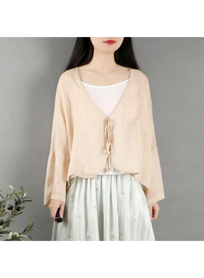 رحلة جوية سترة صيفية نسائية بأكمام طويلة من القطن والكتان، بتصميم عرقي وأسلوب موراي وأدبي، مع تفاصيل ربطات واقية من الشمس، وجاكيت خفيف صغير - Image 1