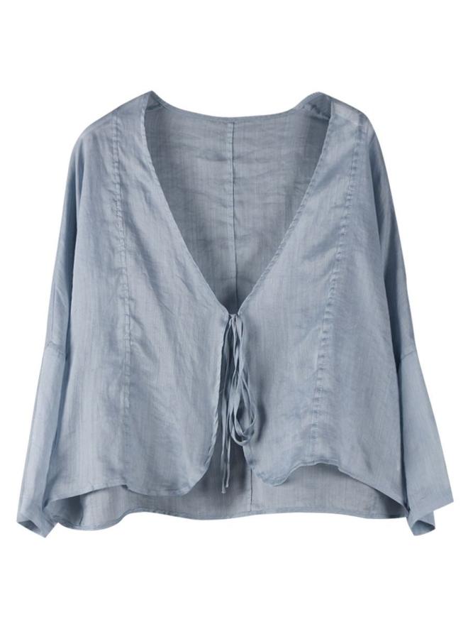 رحلة جوية سترة صيفية نسائية بأكمام طويلة من القطن والكتان، بتصميم عرقي وأسلوب موراي وأدبي، مع تفاصيل ربطات واقية من الشمس، وجاكيت خفيف صغير - Image 5