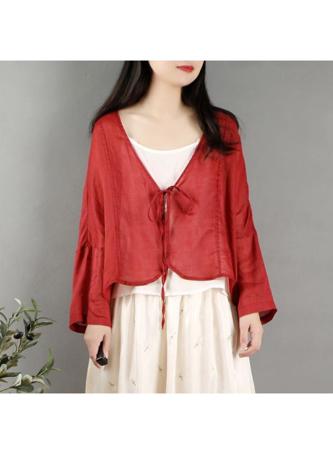 رحلة جوية سترة صيفية نسائية بأكمام طويلة من القطن والكتان، بتصميم عرقي وأسلوب موراي وأدبي، مع تفاصيل ربطات واقية من الشمس، وجاكيت خفيف صغير - Image 2