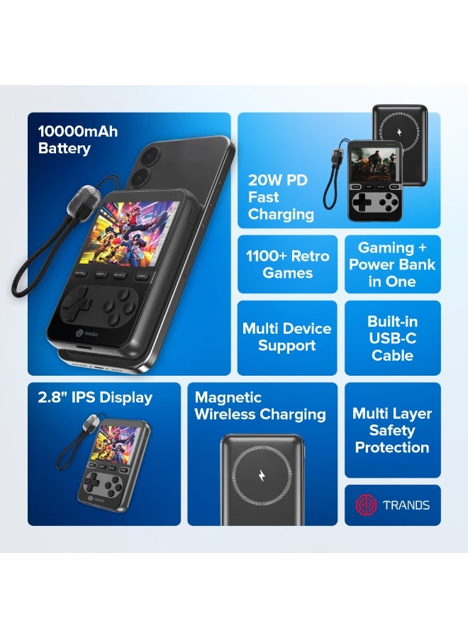 Trands 10000mAh Magnetic Wireless Power Bank with 2.8" Retro Gaming Console, 20W PD Fast Charging, Built-in Type-C Cable & 1100 Retro Games Included - PB1297 (Black) - Image 2