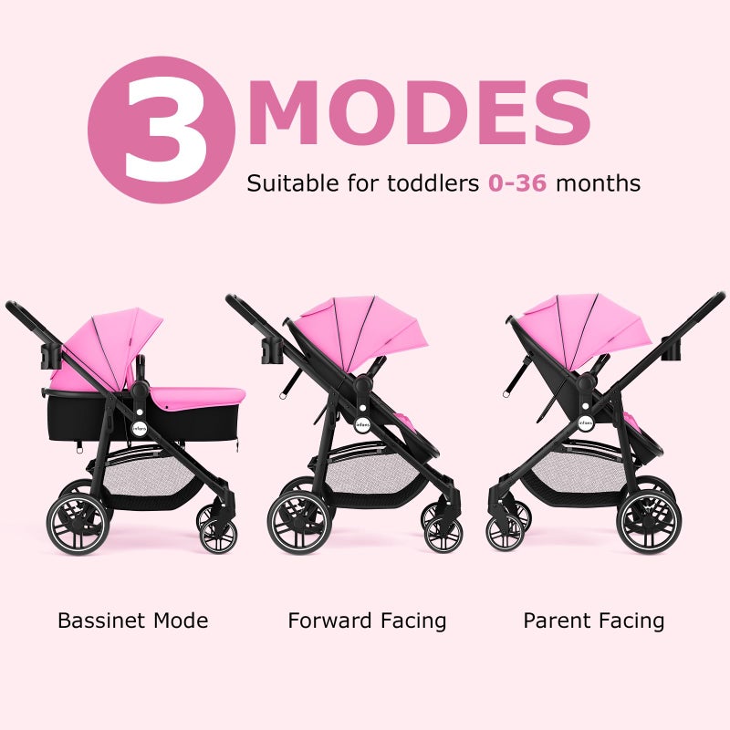 INFANS 2 in 1 Baby Stroller, High Landscape Infant Stroller & Reversible Bassinet Pram, Foldable Pushchair with Adjustable Canopy, Storage Basket, Cup Holder, Suspension Wheels (Pink) - Image 3