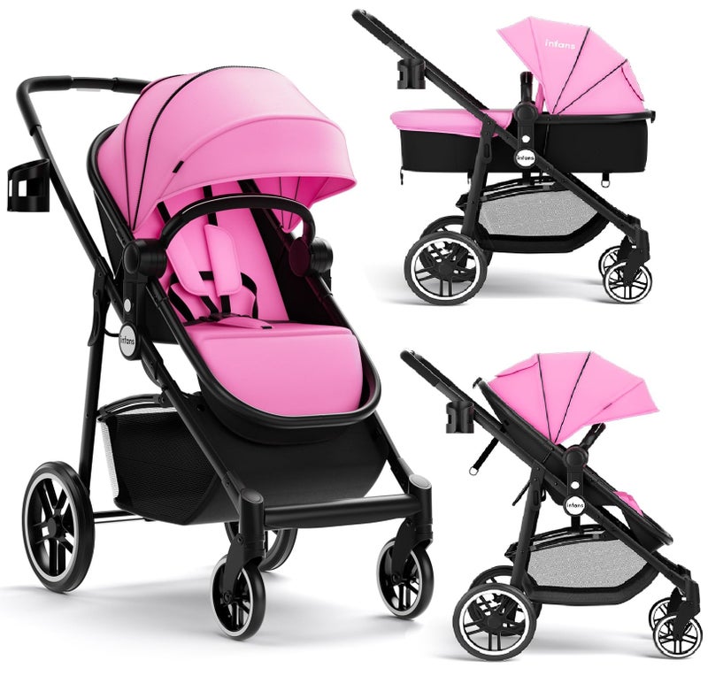 INFANS 2 in 1 Baby Stroller, High Landscape Infant Stroller & Reversible Bassinet Pram, Foldable Pushchair with Adjustable Canopy, Storage Basket, Cup Holder, Suspension Wheels (Pink) - Image 1