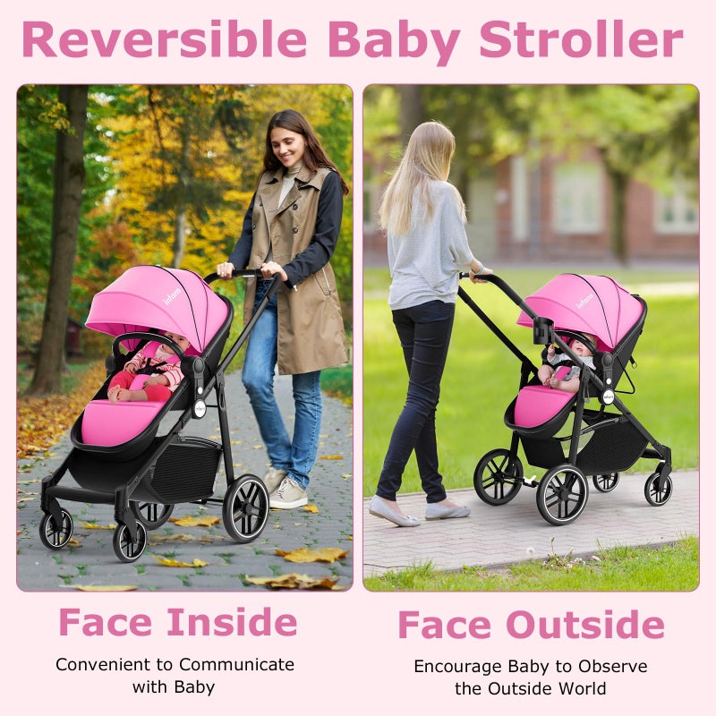 INFANS 2 in 1 Baby Stroller, High Landscape Infant Stroller & Reversible Bassinet Pram, Foldable Pushchair with Adjustable Canopy, Storage Basket, Cup Holder, Suspension Wheels (Pink) - Image 2
