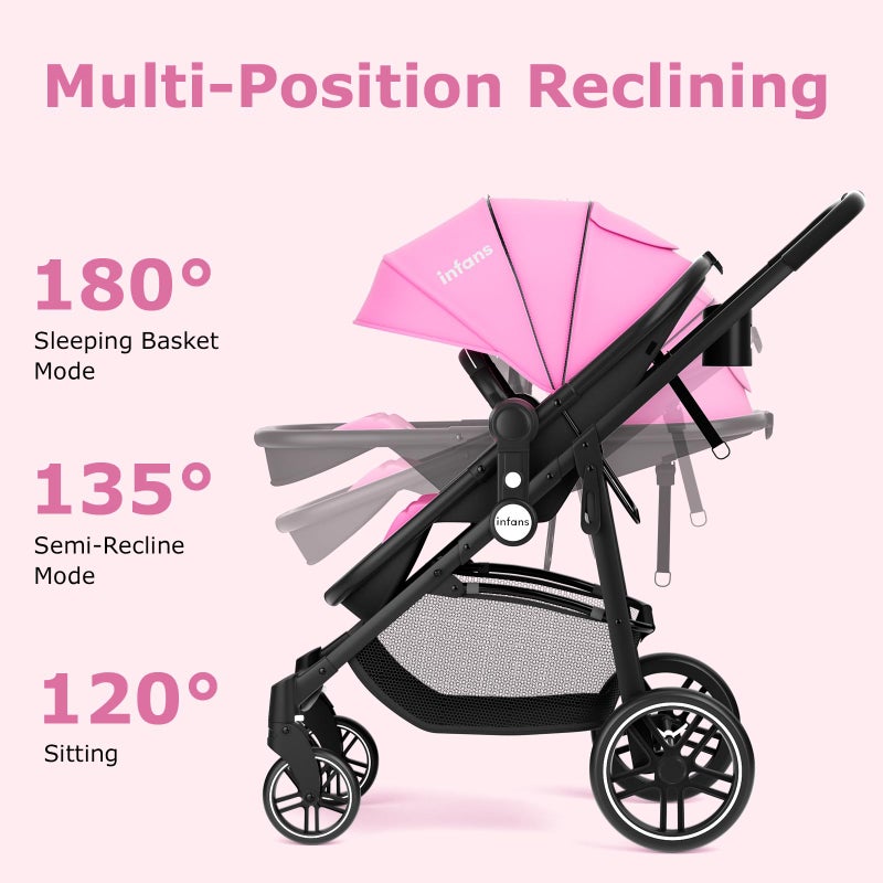 INFANS 2 in 1 Baby Stroller, High Landscape Infant Stroller & Reversible Bassinet Pram, Foldable Pushchair with Adjustable Canopy, Storage Basket, Cup Holder, Suspension Wheels (Pink) - Image 4