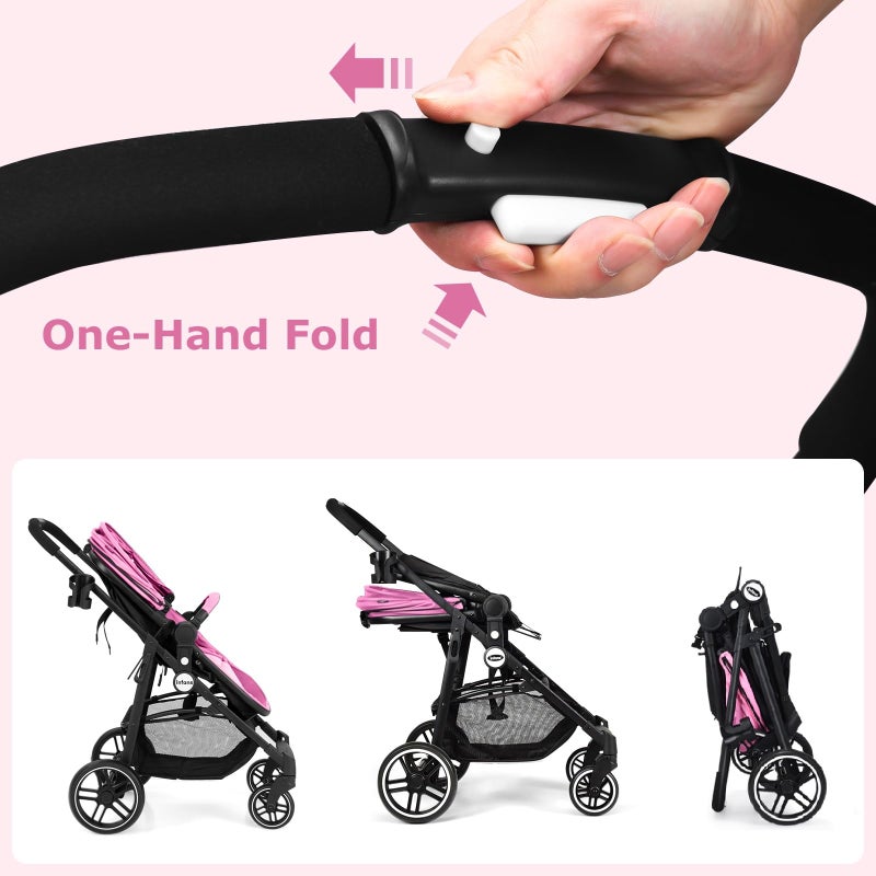 INFANS 2 in 1 Baby Stroller, High Landscape Infant Stroller & Reversible Bassinet Pram, Foldable Pushchair with Adjustable Canopy, Storage Basket, Cup Holder, Suspension Wheels (Pink) - Image 5