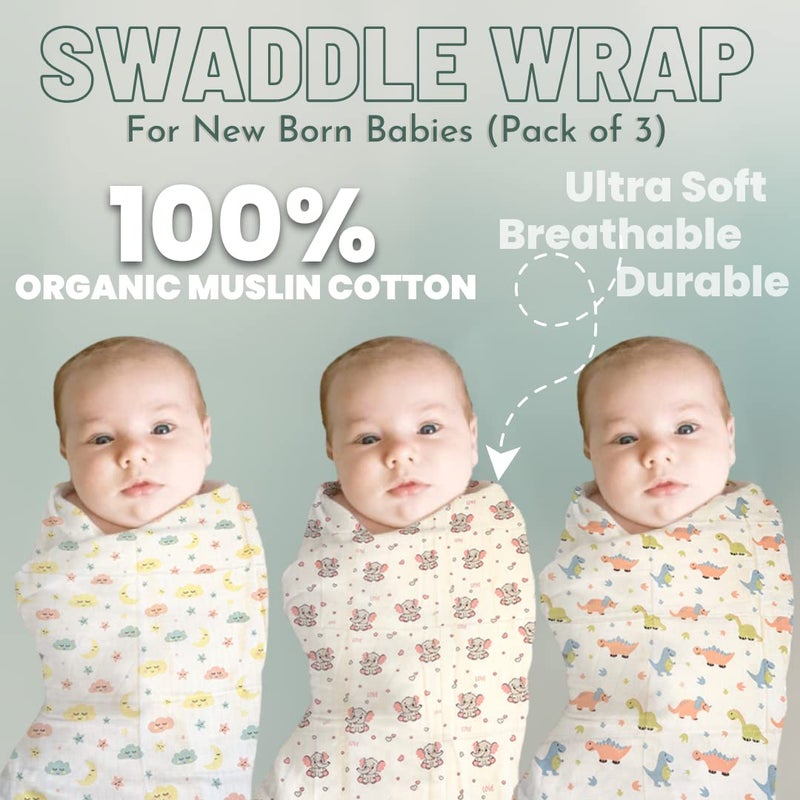 Threads & Yarn Threads Yarn Organic Muslin Cotton Swaddle Wrap for New Born 100 cm x 100 cm Multicolor Pack of 3 Baby3 - Image 2