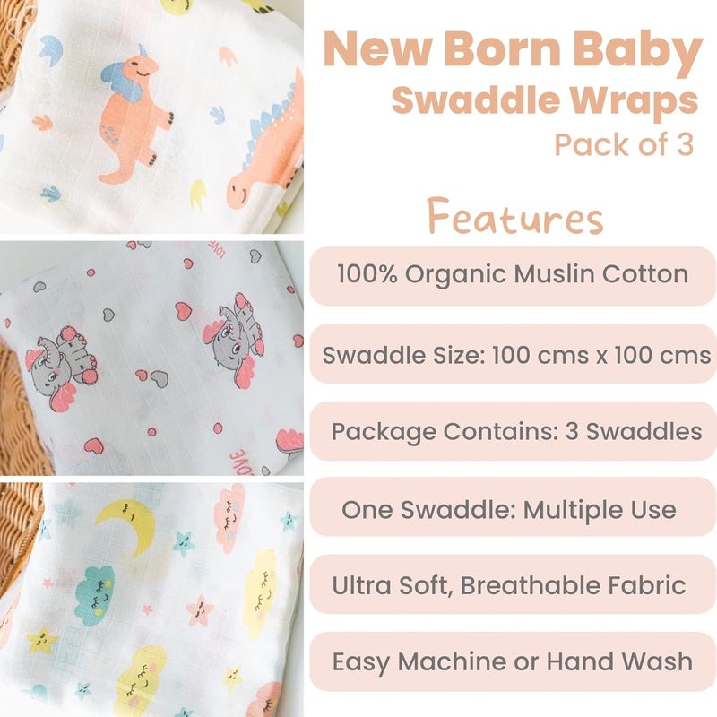 Threads & Yarn Threads Yarn Organic Muslin Cotton Swaddle Wrap for New Born 100 cm x 100 cm Multicolor Pack of 3 Baby3 - Image 3