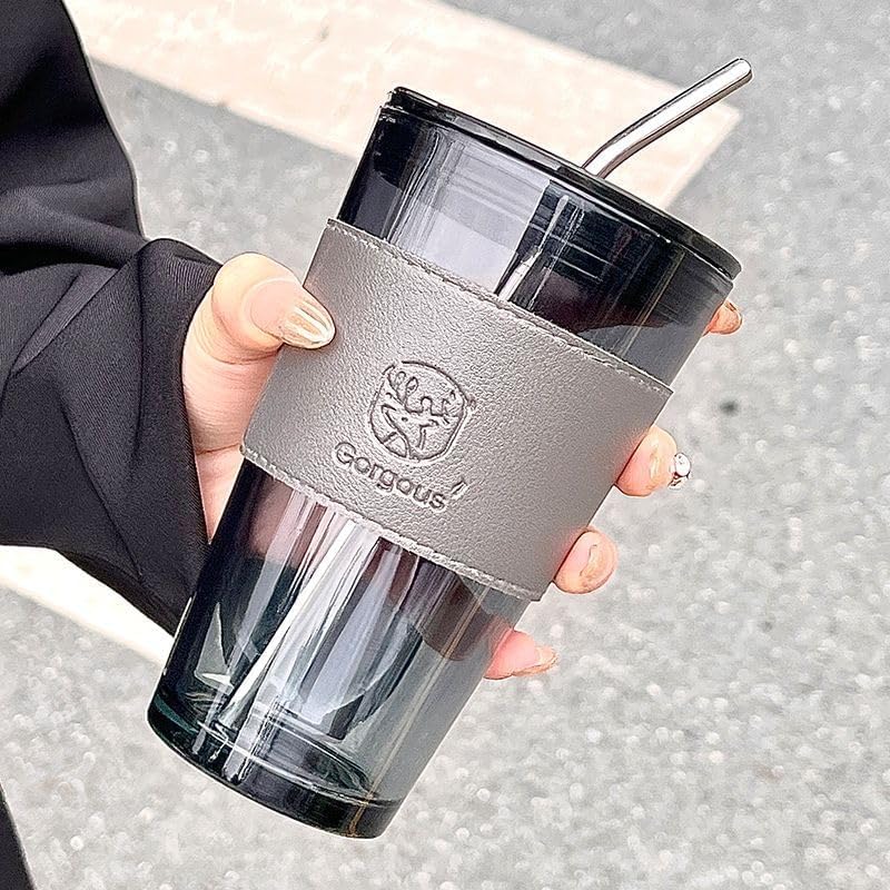 KELVEE Glass Coffee Sipper Mug with Leather Grip Pack of 1 400ml Clear Drinking Glasses Tumblers with Straws and Lids for Iced Tea Juice Cocktail Smoothies Drinks Cups Grey Black 400ml - Image 1