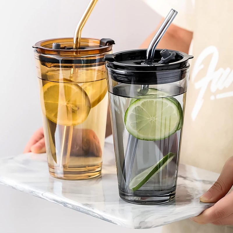 KELVEE Glass Coffee Sipper Mug with Leather Grip Pack of 1 400ml Clear Drinking Glasses Tumblers with Straws and Lids for Iced Tea Juice Cocktail Smoothies Drinks Cups Grey Black 400ml - Image 3