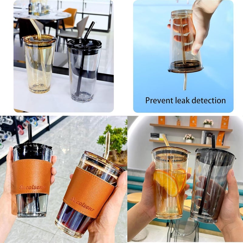 KELVEE Glass Coffee Sipper Mug with Leather Grip Pack of 1 400ml Clear Drinking Glasses Tumblers with Straws and Lids for Iced Tea Juice Cocktail Smoothies Drinks Cups Grey Black 400ml - Image 5