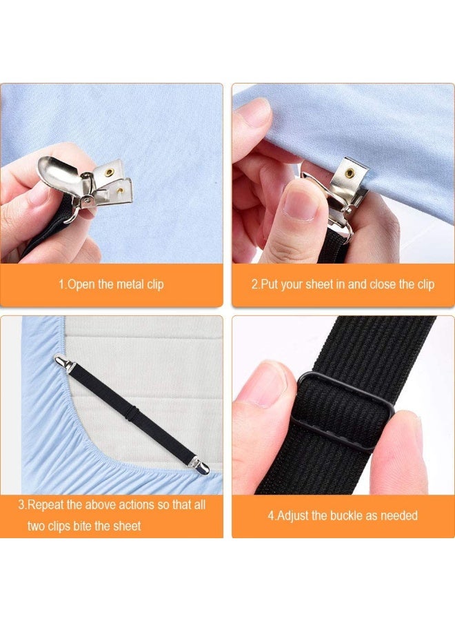 4 Pcs Adjustable Elastic Bed Sheet Suspenders, Heavy Duty Metal Clip Sheet Holder Straps Grippers Fasteners for Fitted Sheets, Flat Sheets, Mattress, Sofa Covers, Black - Image 5