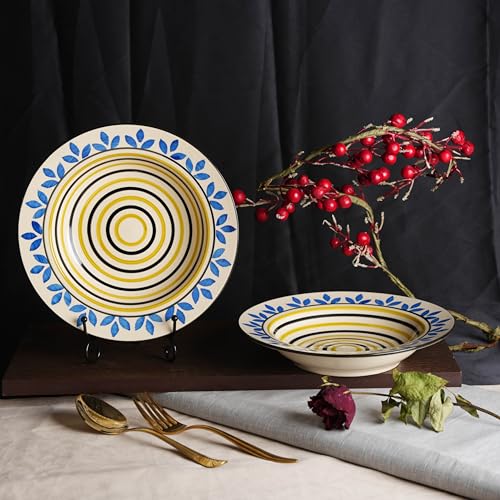 Caffeine Ceramic Handmade Stoneware Blue Asmiya Soup Plates/Pasta Plate/Macaroni Plate 9.5" Set of 2 Dishwasher & Microwave Safe - Image 1
