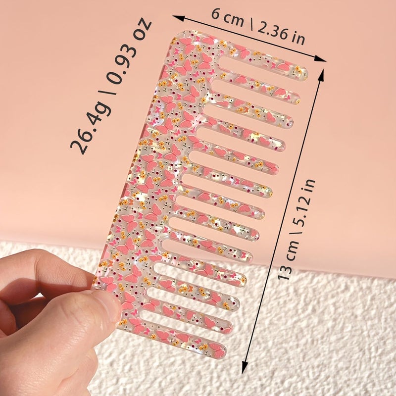 Cute Floral Cherry Blossom Wide Tooth Comb Set For Women Anti-Static Acrylic Hair Comb With Sweet Patterns Butterfly Cherry Rose For Daily Styling And Detangling Color E - Image 4