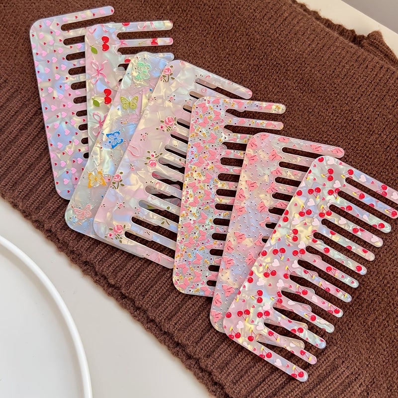 Cute Floral Cherry Blossom Wide Tooth Comb Set For Women Anti-Static Acrylic Hair Comb With Sweet Patterns Butterfly Cherry Rose For Daily Styling And Detangling Color E - Image 2