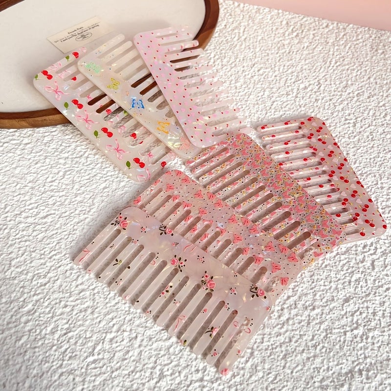 Cute Floral Cherry Blossom Wide Tooth Comb Set For Women Anti-Static Acrylic Hair Comb With Sweet Patterns Butterfly Cherry Rose For Daily Styling And Detangling Color E - Image 1