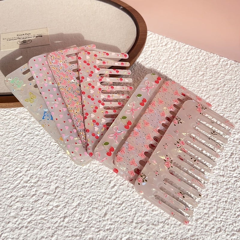 Cute Floral Cherry Blossom Wide Tooth Comb Set For Women Anti-Static Acrylic Hair Comb With Sweet Patterns Butterfly Cherry Rose For Daily Styling And Detangling Color E - Image 3