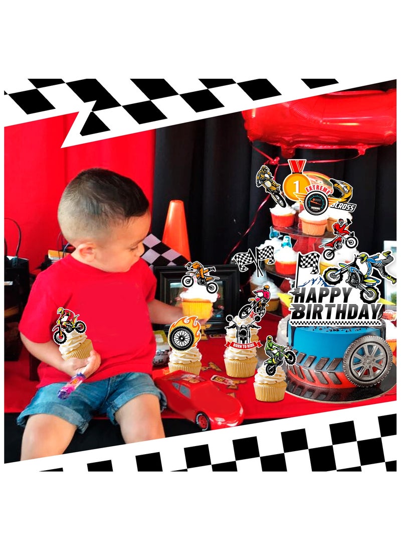 FRUITFUL PARTY - Motorcycle Cake Topper, 24 Pcs Motorcycle Cupcake Toppers/Dirtbike Cupcake Toppers + 1 Pcs Dirt Bike Cake Topper/Motorcycle Birthday Cake Decorations, for Dirt Bike Birthday Party Decorations Supplies - Image 1