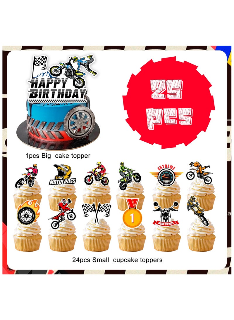 FRUITFUL PARTY - Motorcycle Cake Topper, 24 Pcs Motorcycle Cupcake Toppers/Dirtbike Cupcake Toppers + 1 Pcs Dirt Bike Cake Topper/Motorcycle Birthday Cake Decorations, for Dirt Bike Birthday Party Decorations Supplies - Image 1