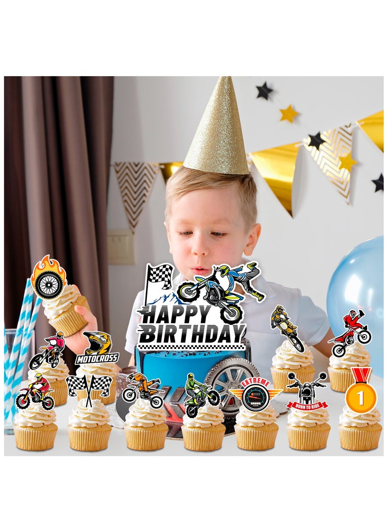 FRUITFUL PARTY - Motorcycle Cake Topper, 24 Pcs Motorcycle Cupcake Toppers/Dirtbike Cupcake Toppers + 1 Pcs Dirt Bike Cake Topper/Motorcycle Birthday Cake Decorations, for Dirt Bike Birthday Party Decorations Supplies - Image 1