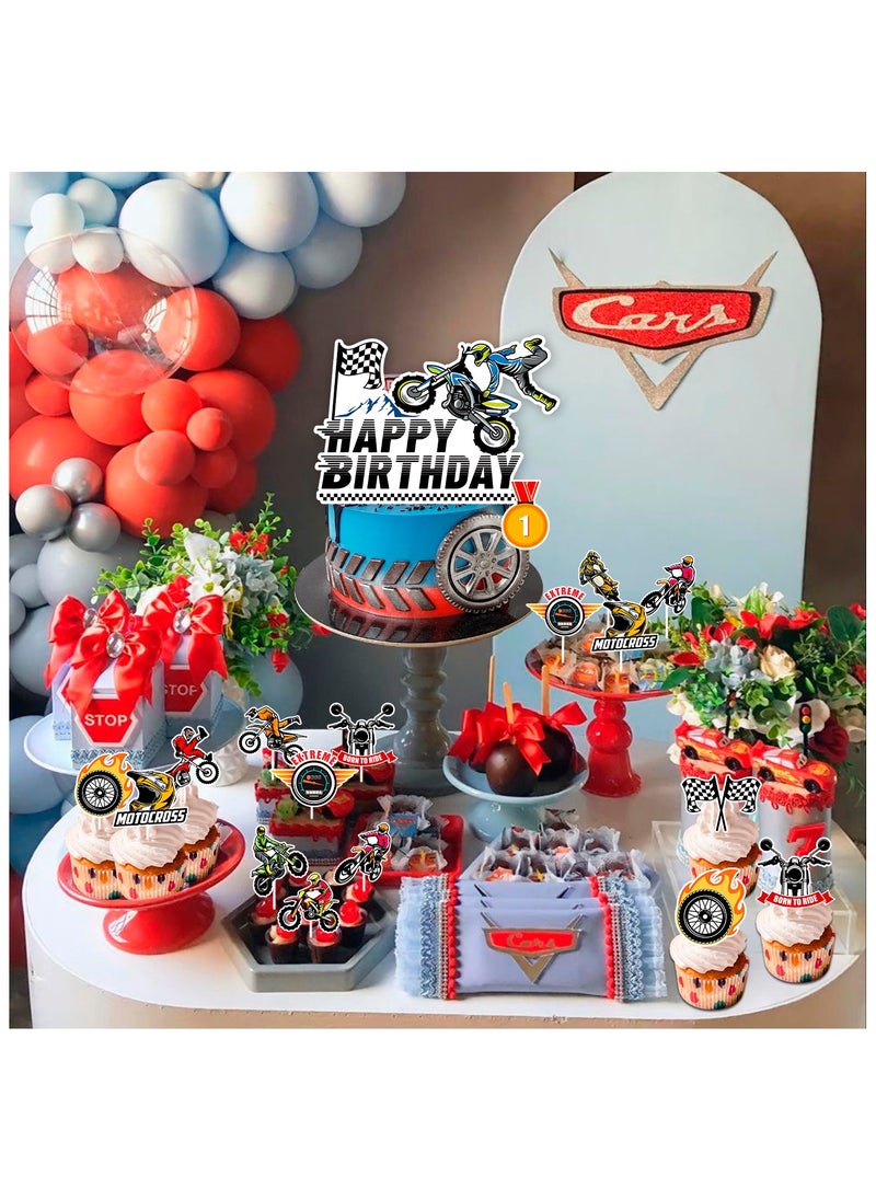 FRUITFUL PARTY - Motorcycle Cake Topper, 24 Pcs Motorcycle Cupcake Toppers/Dirtbike Cupcake Toppers + 1 Pcs Dirt Bike Cake Topper/Motorcycle Birthday Cake Decorations, for Dirt Bike Birthday Party Decorations Supplies - Image 1