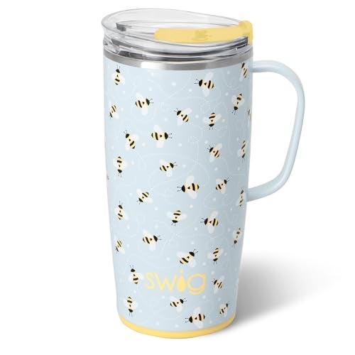 Swig Life 22oz Travel Mug Insulated Tumbler with Handle and Lid Cup Holder Friendly Dishwasher Safe Stainless Steel Travel Coffee Cup Insulated Mug with Lid Busy Bee - Image 1