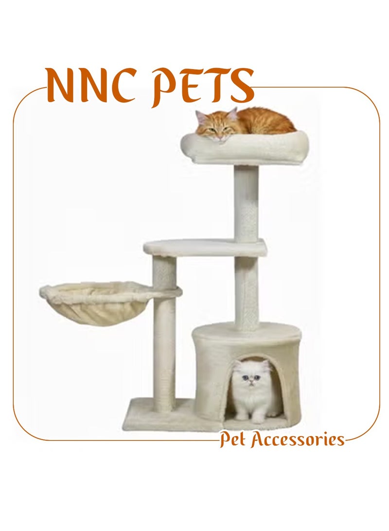 NNC PETS Multi-level cat tree with Padded perch, Cozy hammock, Enclosed condo, and Natural sisal scratching post, Soft-plush cat activity tower for Indoor cats & Kittens, Easy to assemble, 84 cm (Beige) - Image 1
