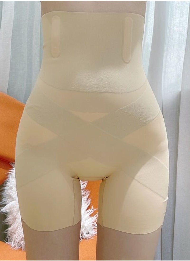 High-waisted and thinned boxer briefs with cross-over tummy control and non-curling high-elastic leggings and body-shaping garments