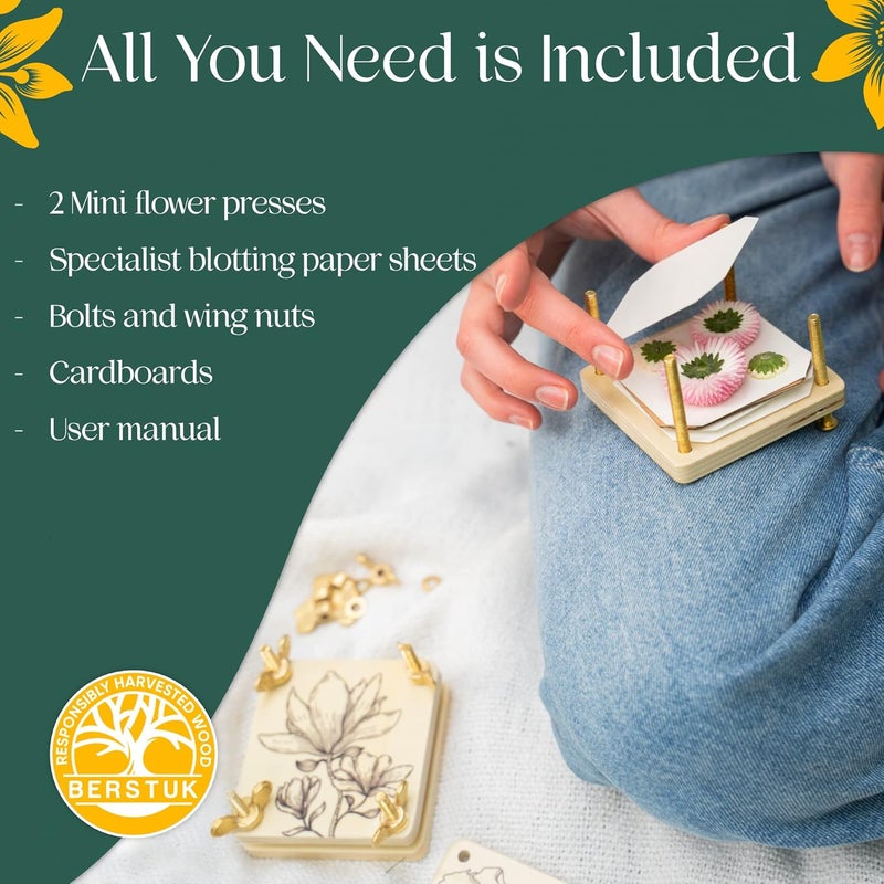 Berstuk Miniature Flower Press Kit for Adults - The Tiny Flower Preservation Kit Includes Two 3" x 3" Presses - Ideal Gift for Arts and Crafts Lovers - Image 2