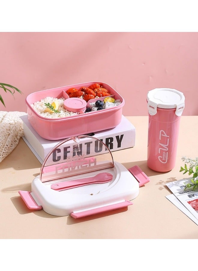 جيجيرو طقم صندوق غداء بينتو مع كوب ماء للأطفال، 1000 مل طقم صندوق غداء بينتو مع زجاجة ماء 400 مل، 4 أقسام صندوق غداء مع أدوات مائدة وحاويات صلصة باللون الوردي - Image 3