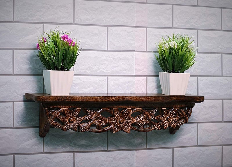 BOGEN LITE BOGEN LITE Hand Carved Wooden Wall Dcor Shelf Mounted Bookshelf Bedroom Living Room Decoration Brown Lacquered Set of 1